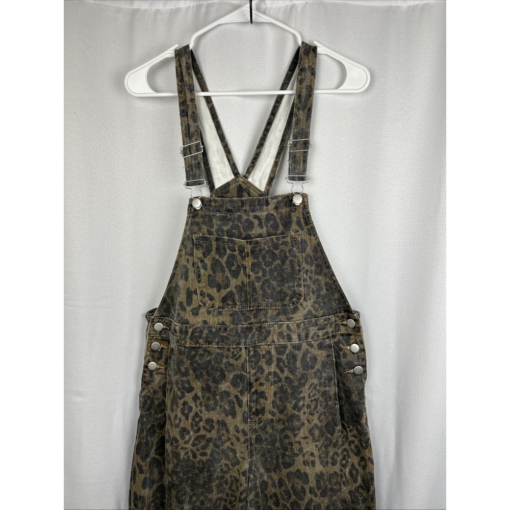 Dazy Wide Leg Overalls Leopard Print Relaxed Fit Medium Black Brown Animal Baggy - Picture 3 of 14